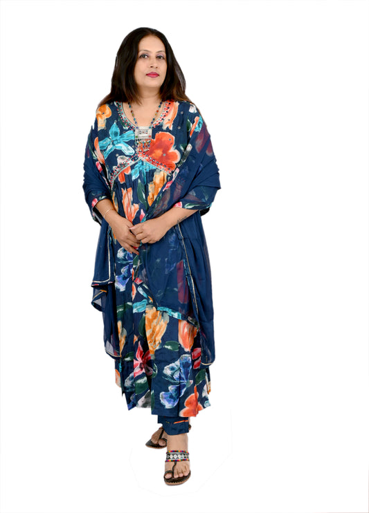 Printed poly silk kurta set 3piece set