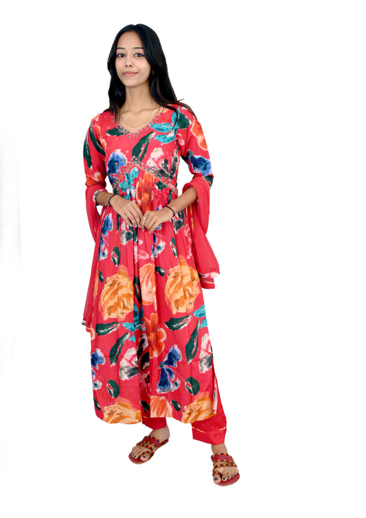 Printed Pink color poly silk kurta pant set