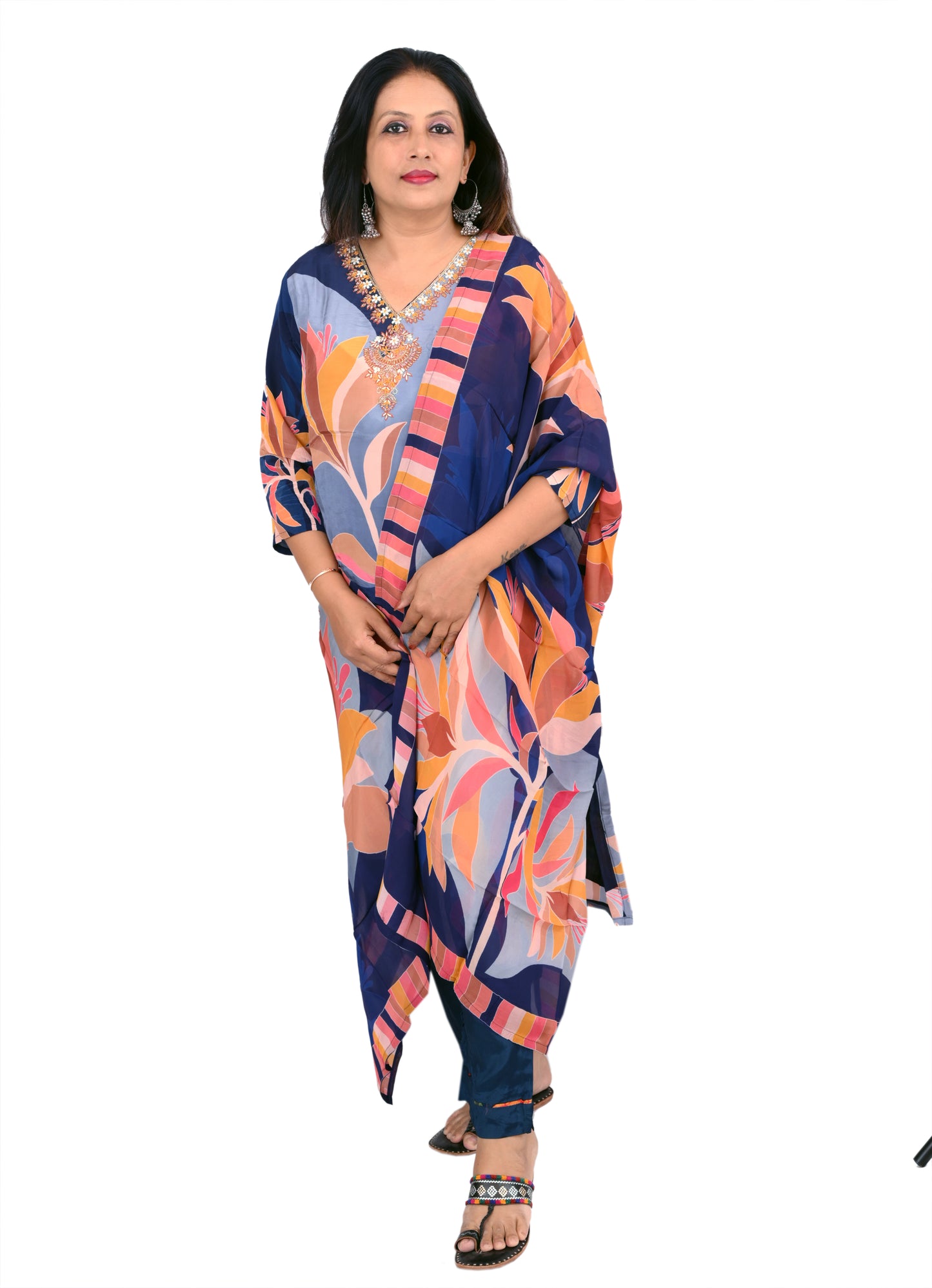 Blue/yellow mix printed poly silk kurta pant set