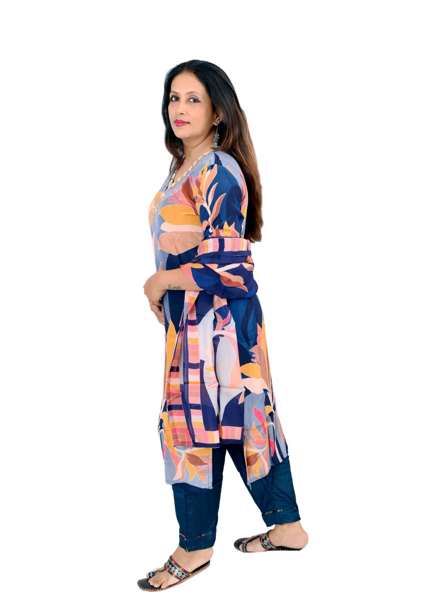 Blue/yellow mix printed poly silk kurta pant set