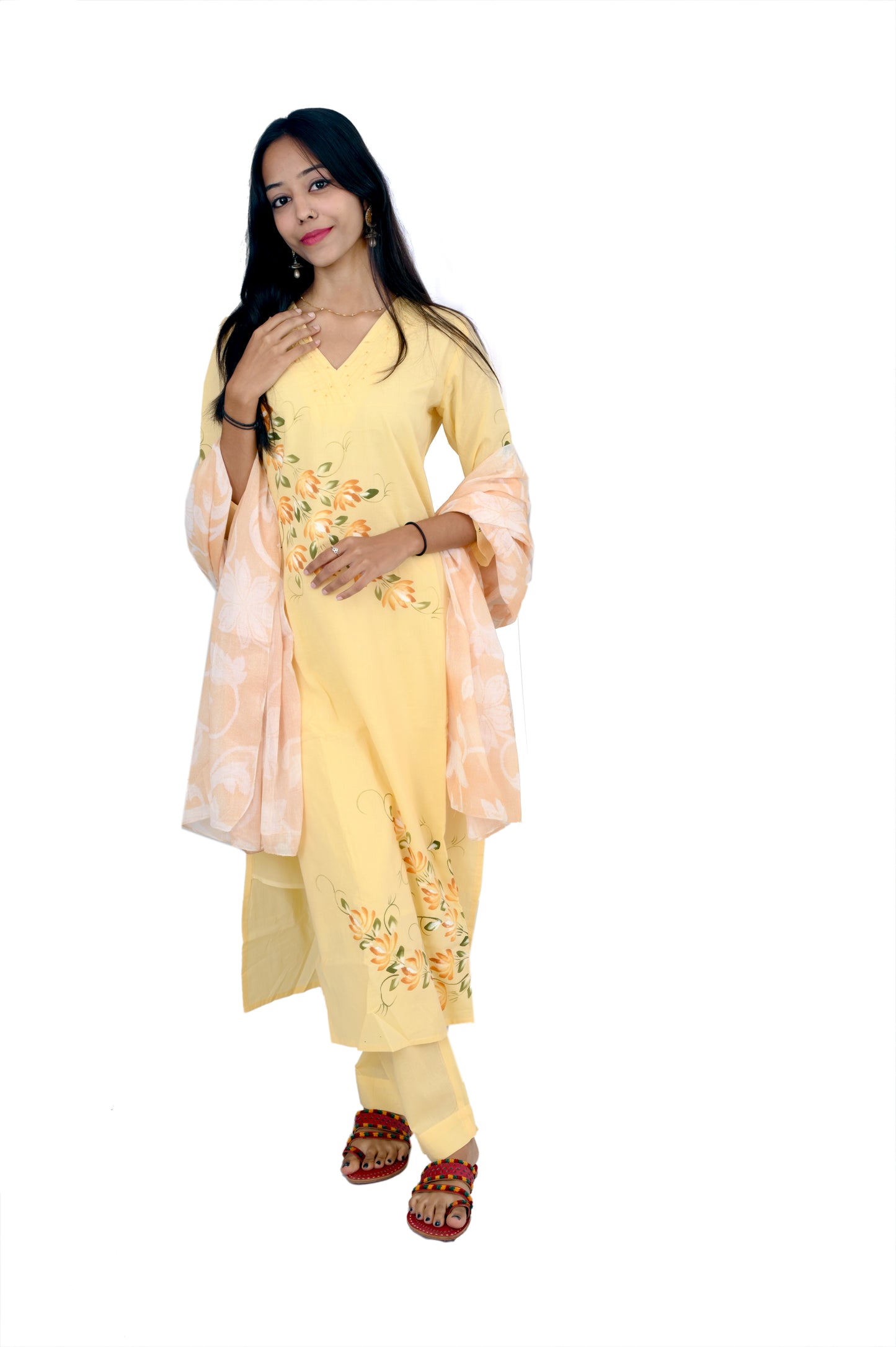 Yellow flower printed kurta pant set