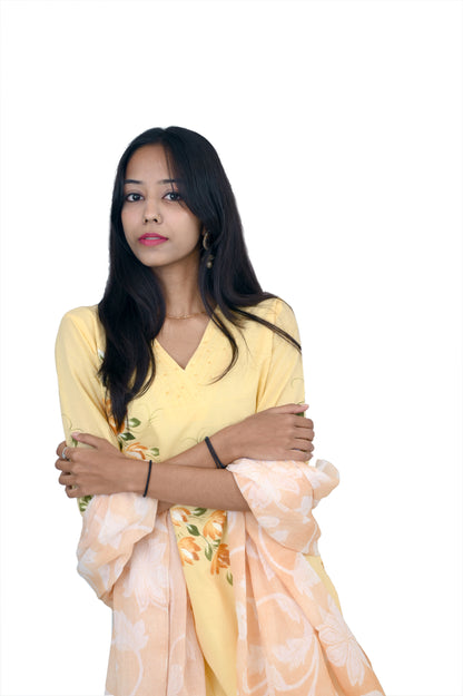 Yellow flower printed kurta pant set