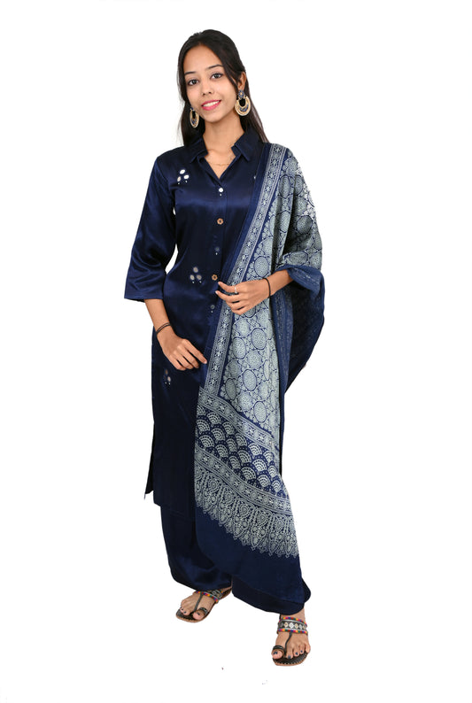 Blue color Mirror stone kurta pant set