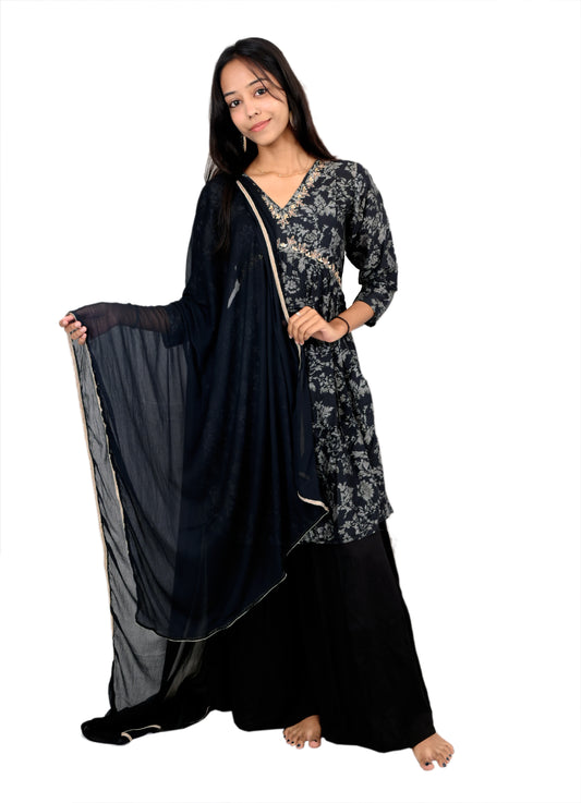 Black frock style kurta pant set - semi silk