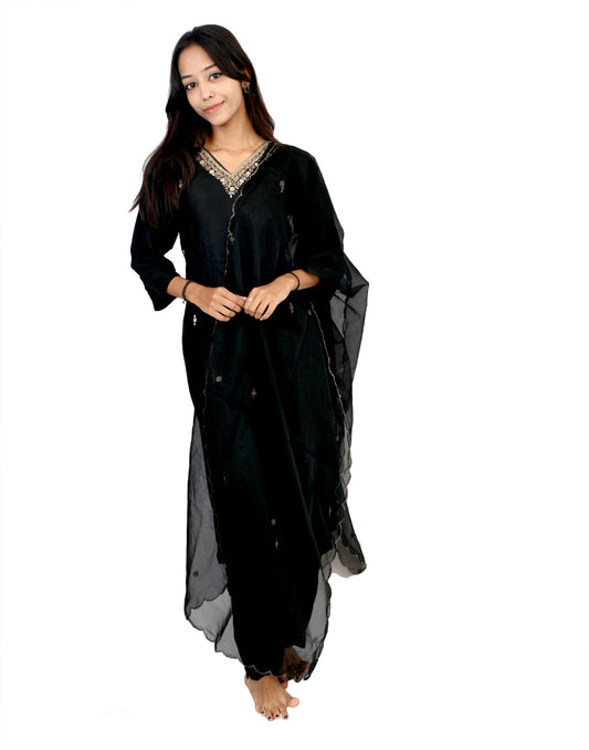 Premium  poly silk fabric black kurta pant set