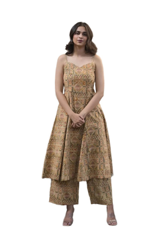 Two piece  kurta pant brown printed   -spaghetti