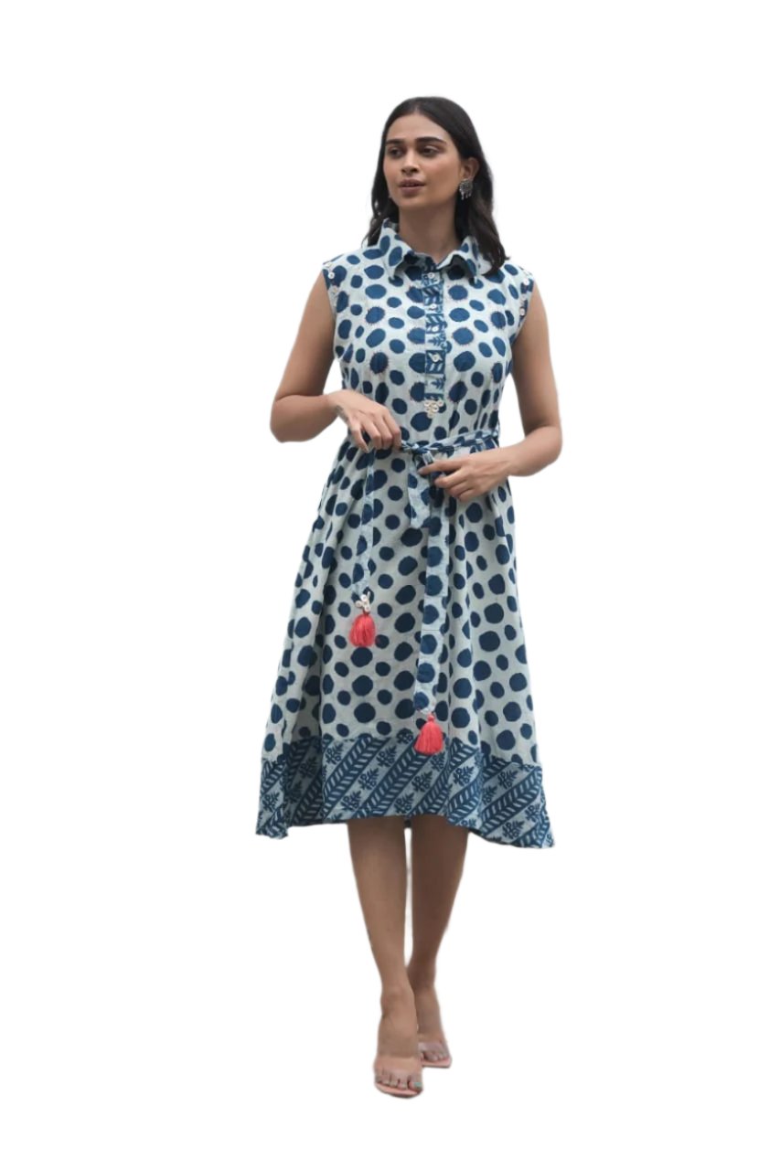 Circle printed one piece frock light blue color