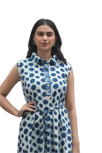 Circle printed one piece frock light blue color