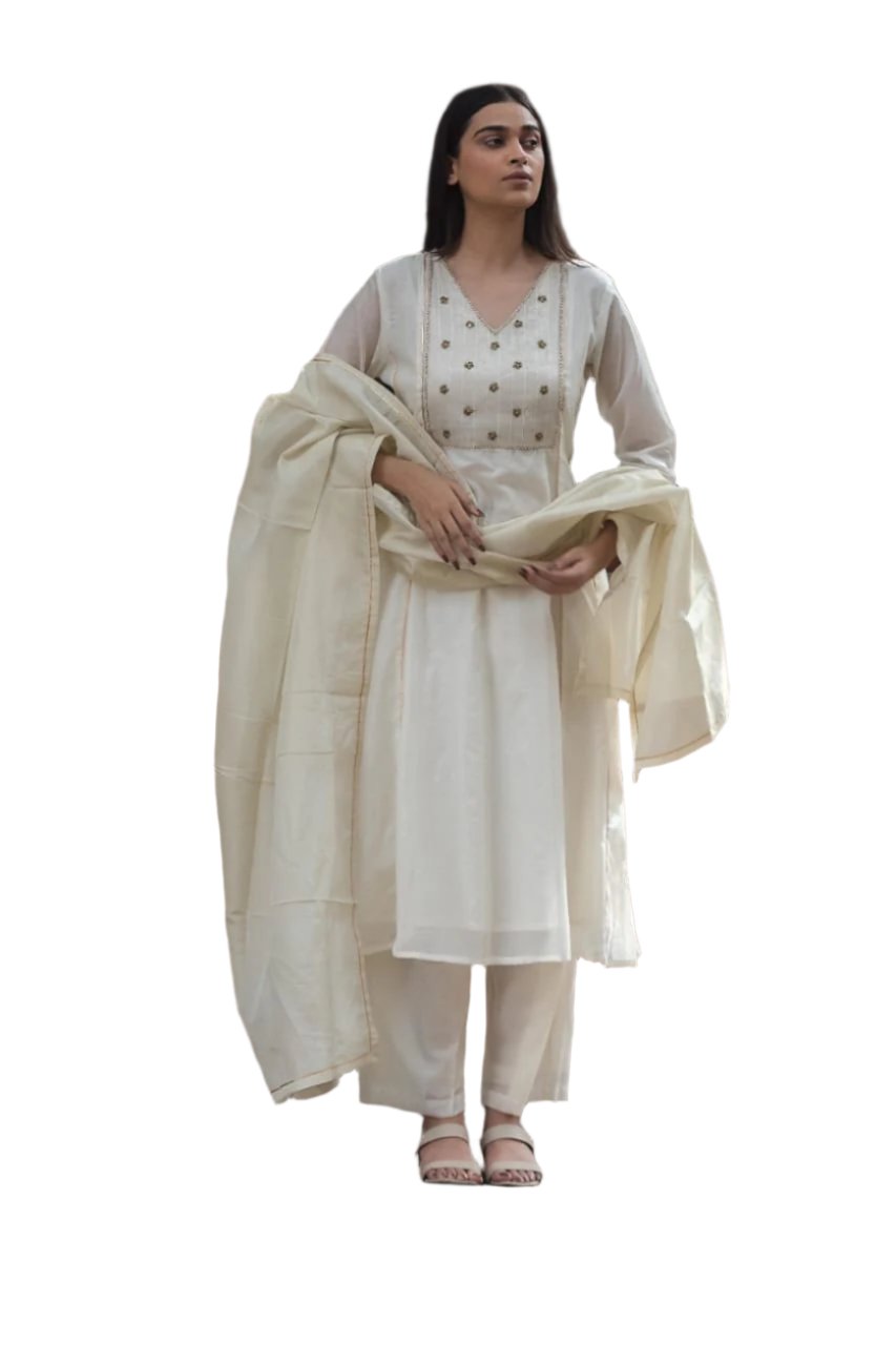 Cream white three piece kurta pant set