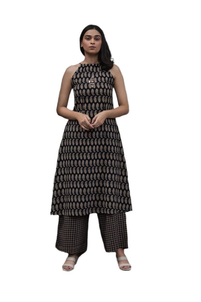 Black printed spaghetti kurta pant-two piece